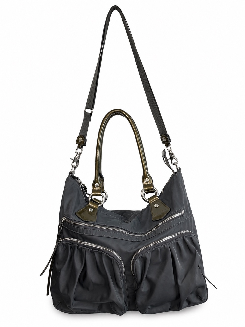 MZ Wallace Belle Tote Gray Nylon Olive Trim Shoulder Crossbody Bag Pockets